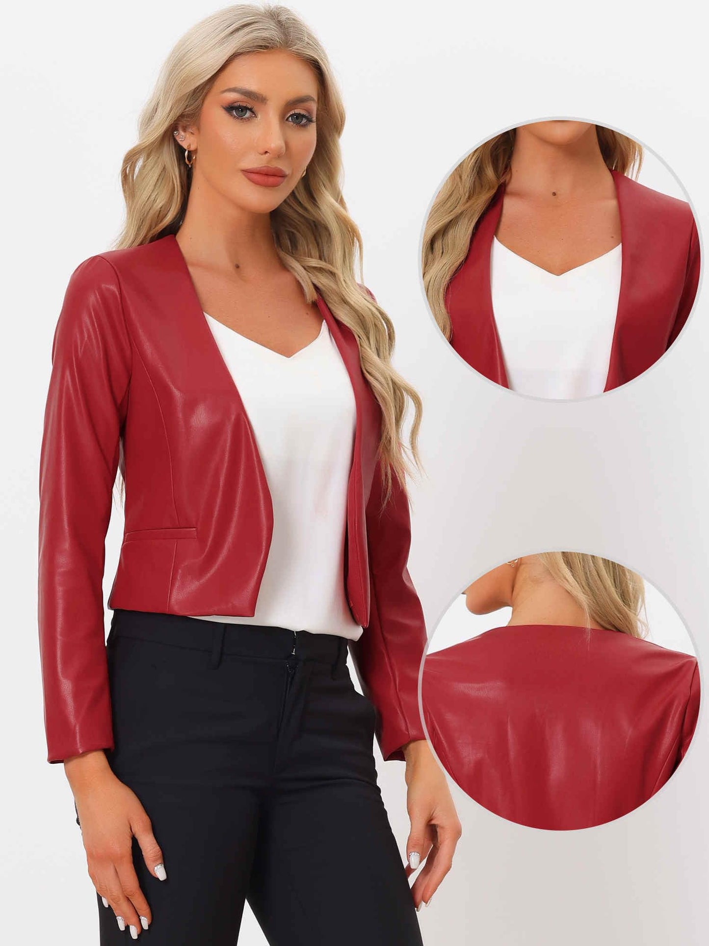 Allegra K Women Faux Collarless Open Front Crop PU Leather Moto Jacket