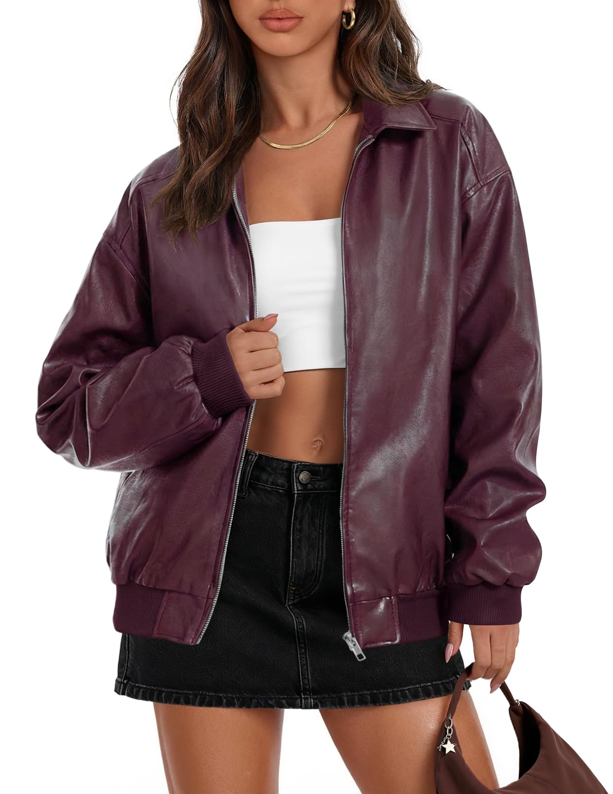 MEROKEETY Women's Winter Spring Oversized Faux Leather Jacket 2026 Fall Zip Up Motorcycle Coats Fashion Outfits Clothes, Burgundy, Large