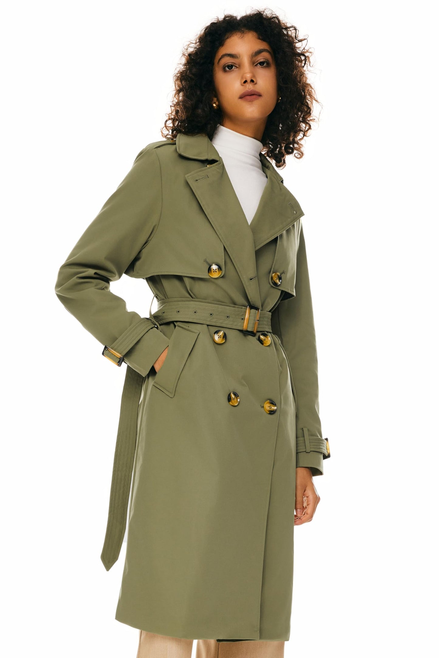 Orolay Women's 3/4 Length Double Breasted Trench Coat Lapel Jacket with Belt Green M