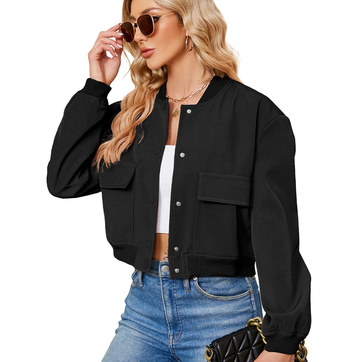 Zando Cropped Bomber Spring Jackets for Women 2026 - Short Black Cropped Jacket Women Button Down Jackets for Womens Trendy with Pockets Long Sleeve Casual Varsity Jacket for Daily Outdoor Travel S