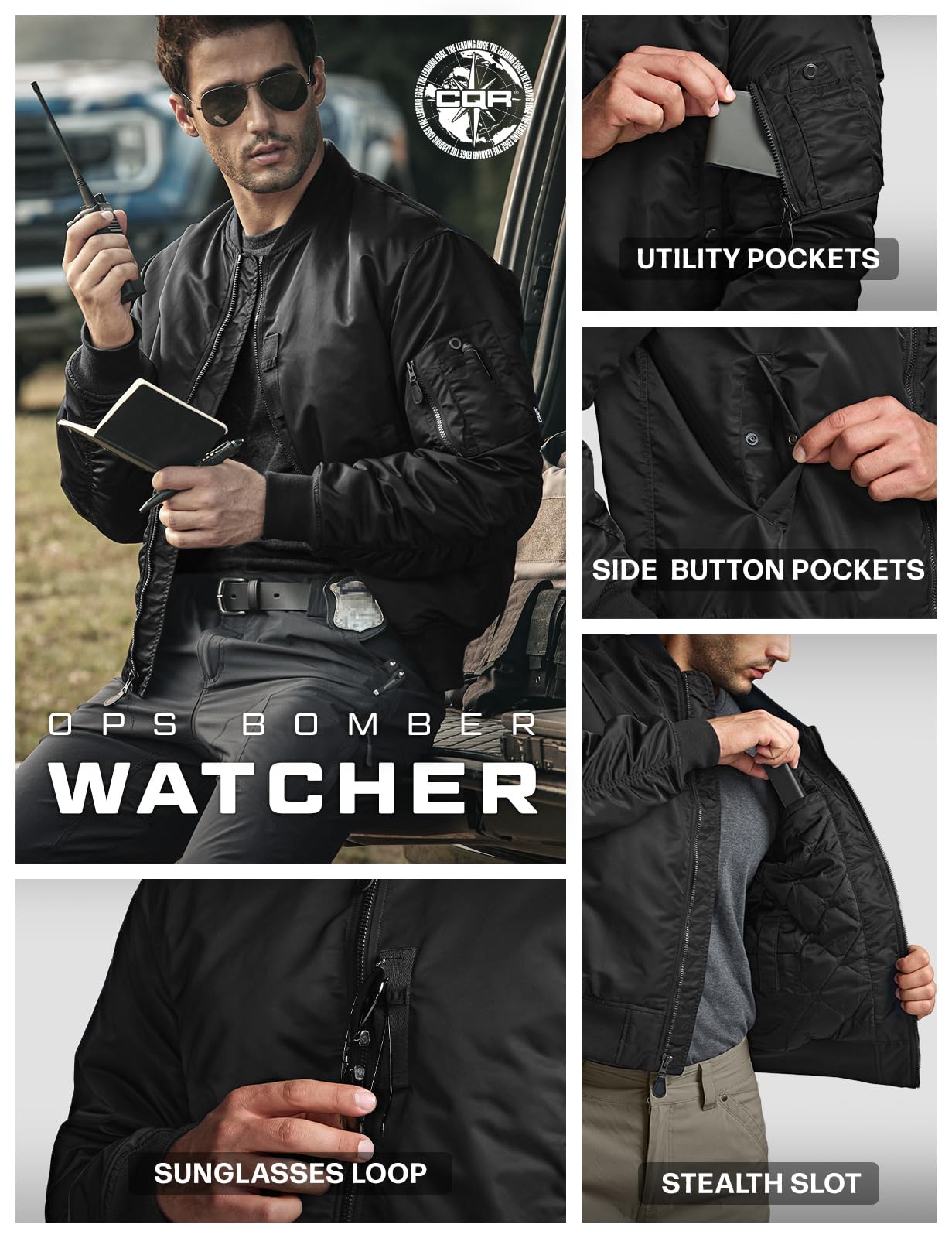 CQR Men's Casual Bomber Jacket, Outdoor Fall/Winter Zip-Up Windbreaker, Water Resistant Padded MA-1 Flight Jacket with Pocket, Watcher Black, Medium