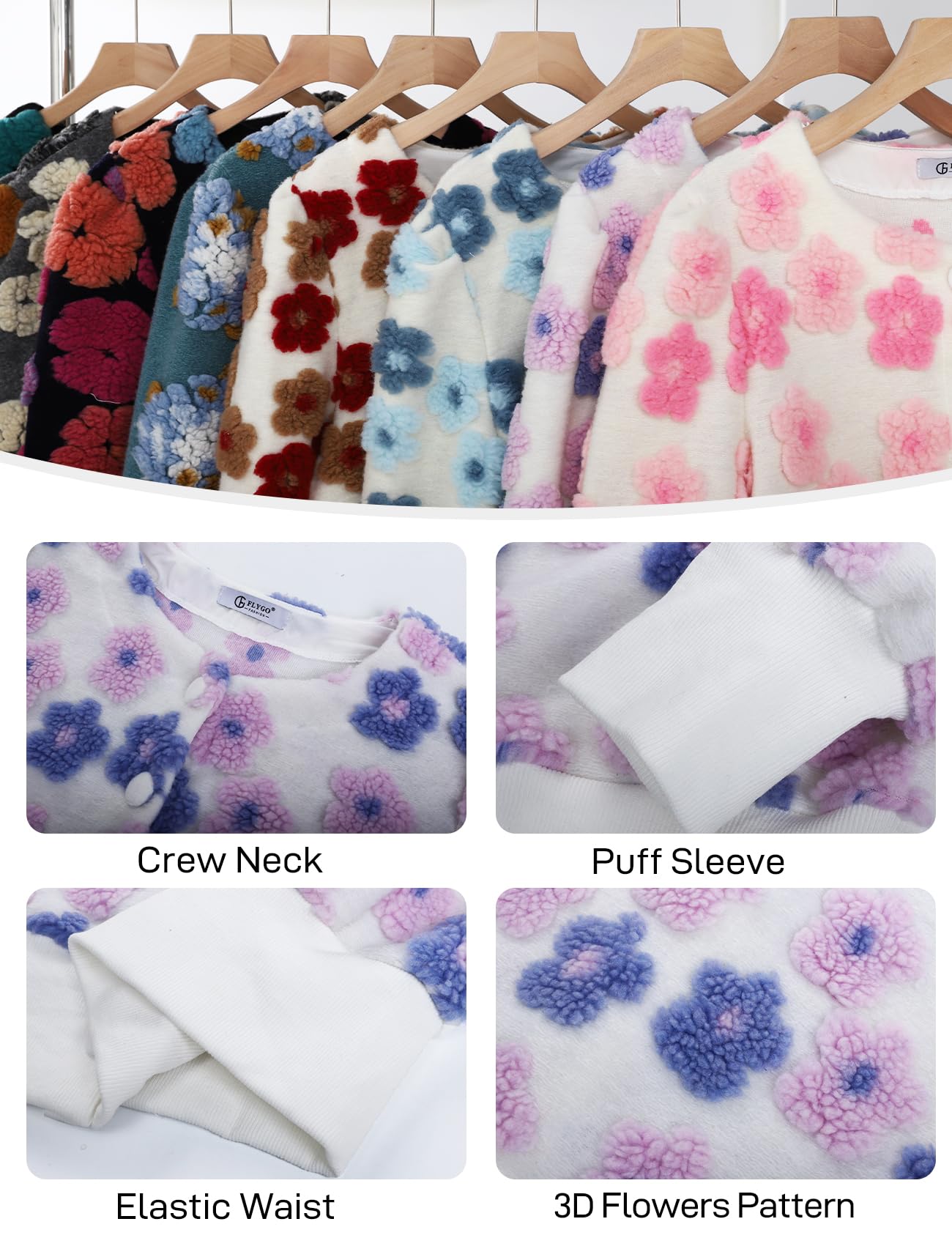 Flygo Women's Cropped Floral Print Bomber Jacket Warm Fleece Varsity Jacket Casual Button Down Puff Sleeve Coat Outerwear PurplePink-XL