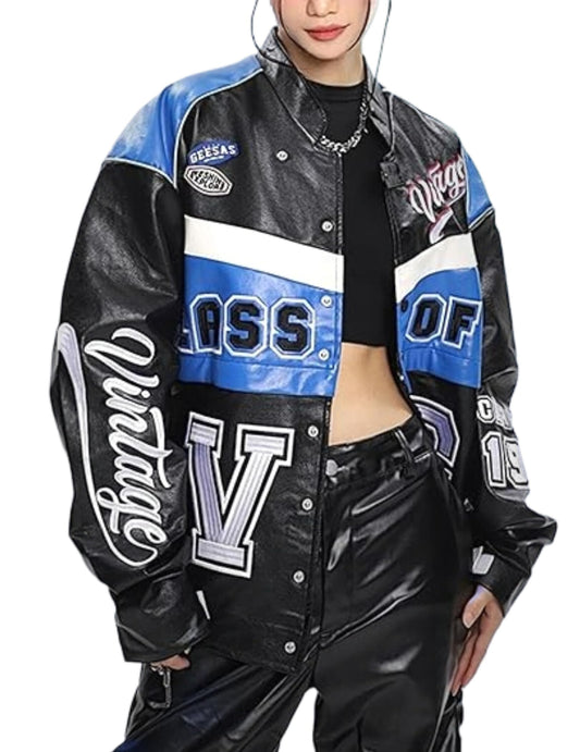 Vamtac Leather Racing Varsity Jackets Oversized Vintage Letterman Racing Bomber Coat Trendy Streetwear Black XL