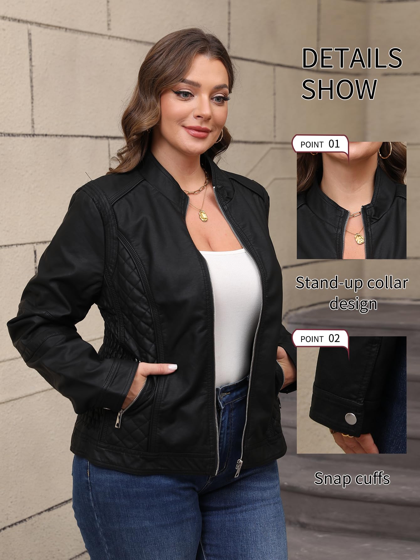 Bellivera Faux Leather Jacket Women Motorcycle Zipper Stand Collar Bomber PU Bike Coat with Pockets PU36 Black XL