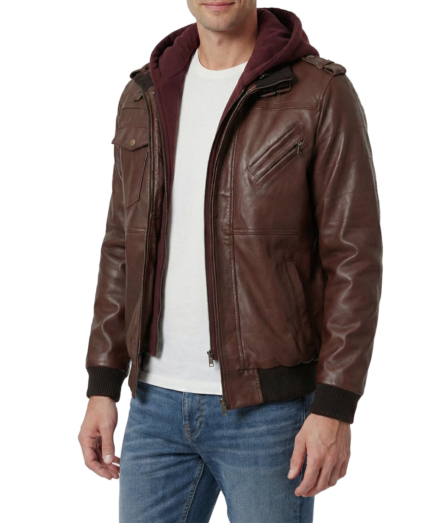 Decrum Brown Leather Jacket with Hood For Men | [1112376] Dark Brown Edinburgh, 2XL