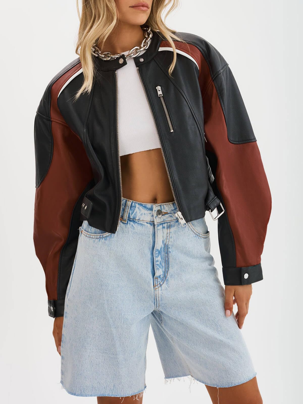 Tankaneo Womens Faux Leather Bomber Jackets Cropped Fall Moto Biker Coats