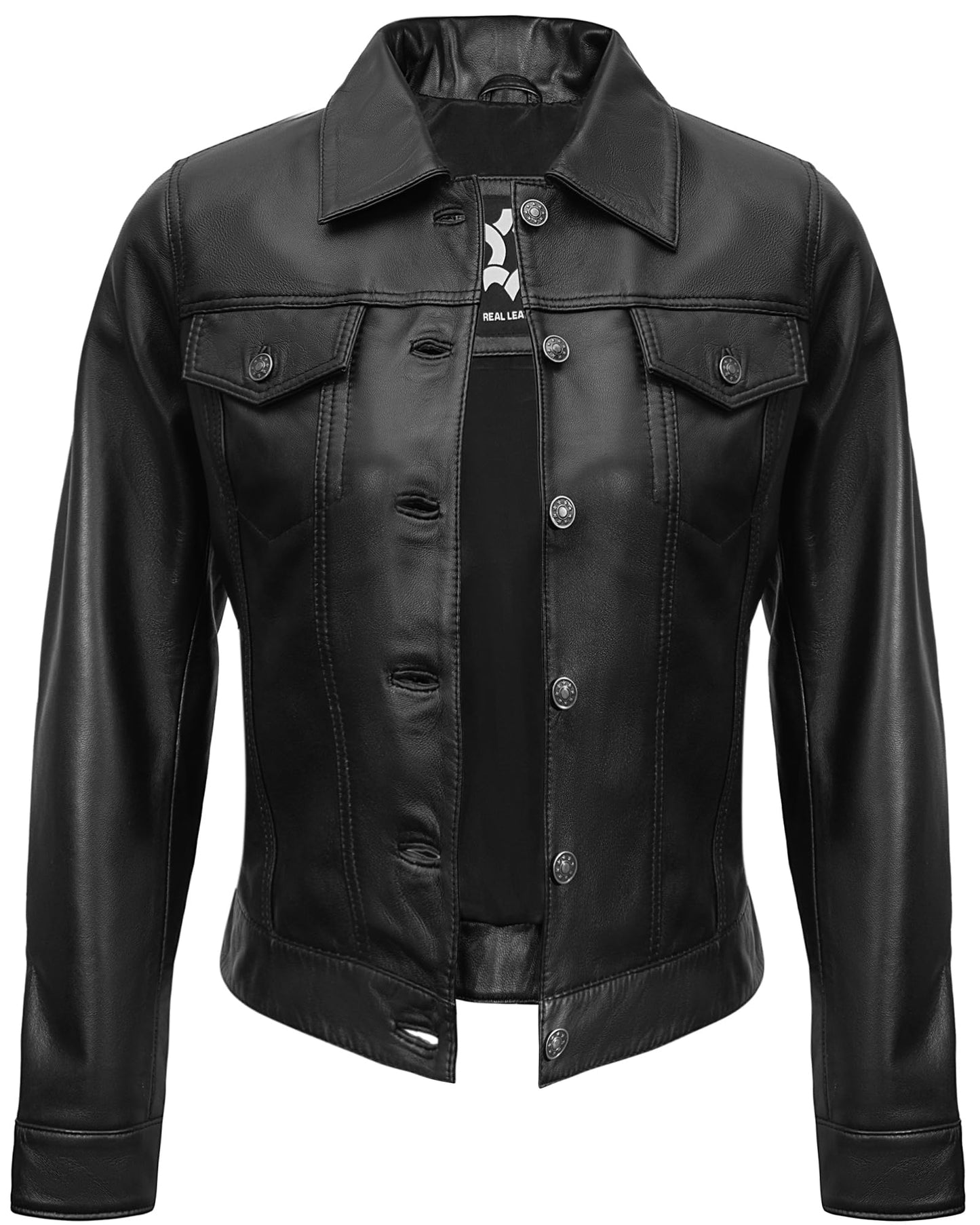 UrbanFocal Stylish Black Leather Jacket Women - Real Lambskin Button Down Women's Leather Jackets | [101007206] F.Trucker Black, 2XL