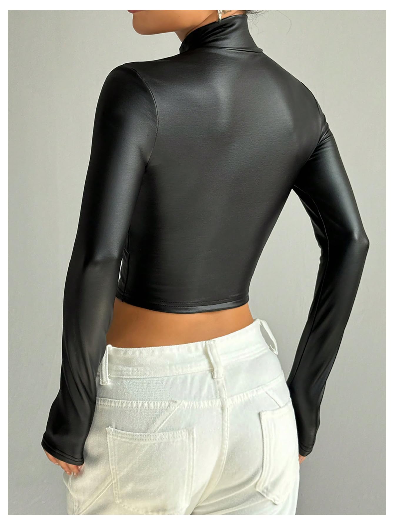 SOLY HUX Women's Faux Leather Zip Up Long Sleeve Fitted Crop Jackets Y2k Clothes Streetwear Plain Black Medium