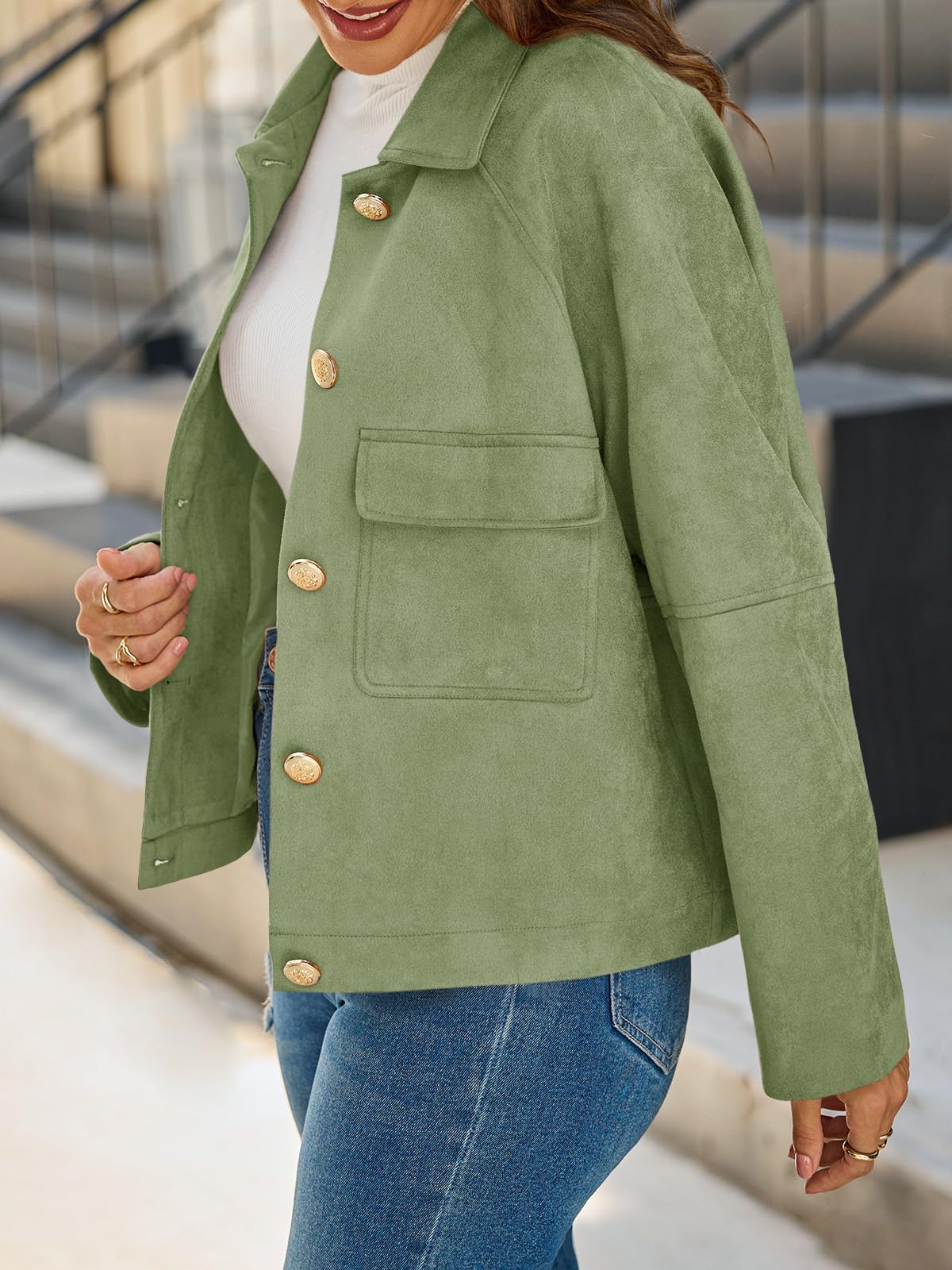 Cicy Bell Womens Faux Suede Leather Jackets Oversized Cropped Casual Lapel Collar Button Down Fall Vintage Shackets