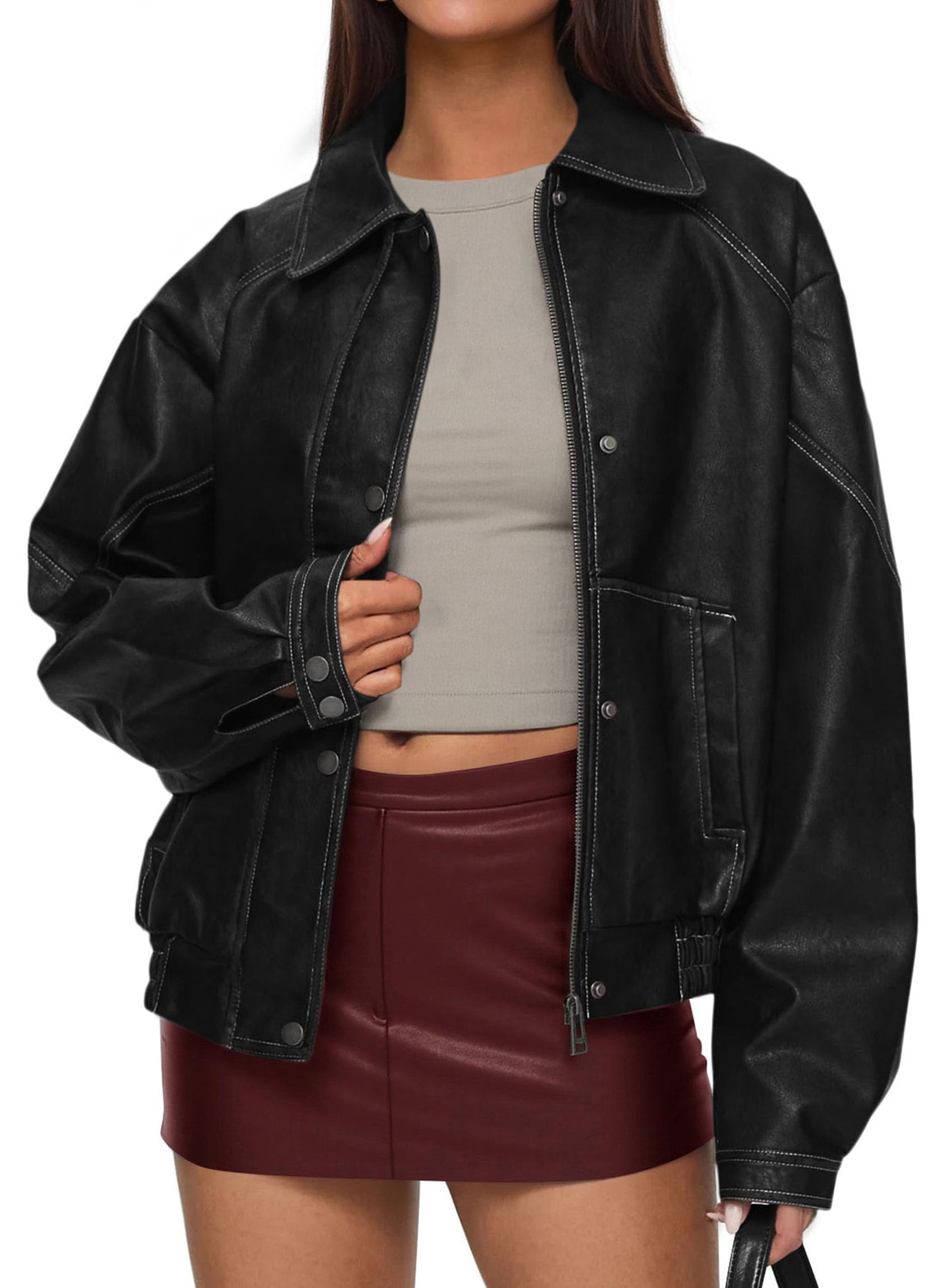 PRETTYGARDEN Faux Leather Jacket Women Bomber Motorcycle Zip Up Jackets Oversized Fall Fashion Outfits 2026 Winter Coats (Black,Medium)