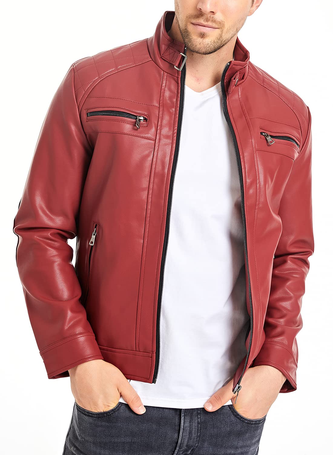 HOOD CREW Men’s Stand Collar Leather Jacket Casual Faux Leather Motorcycle Jacket Outerwear Coat with Zipper Pockets Red 4XL