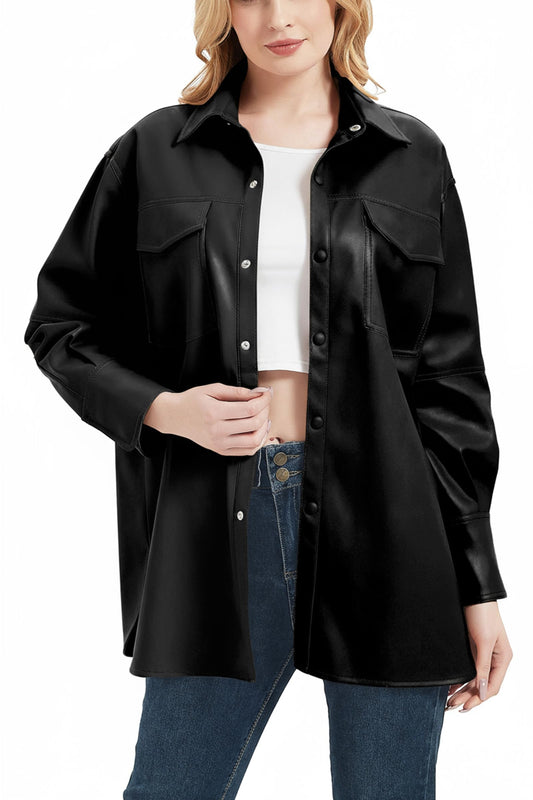 RISISSIDA Women Faux Leather Shacket Jacket,Pleather Shirts,Black,L