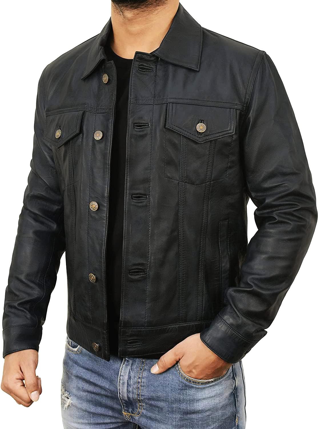 STOREJEES Shirt Style Leather Trucker Jacket Men | Trucker Black - S