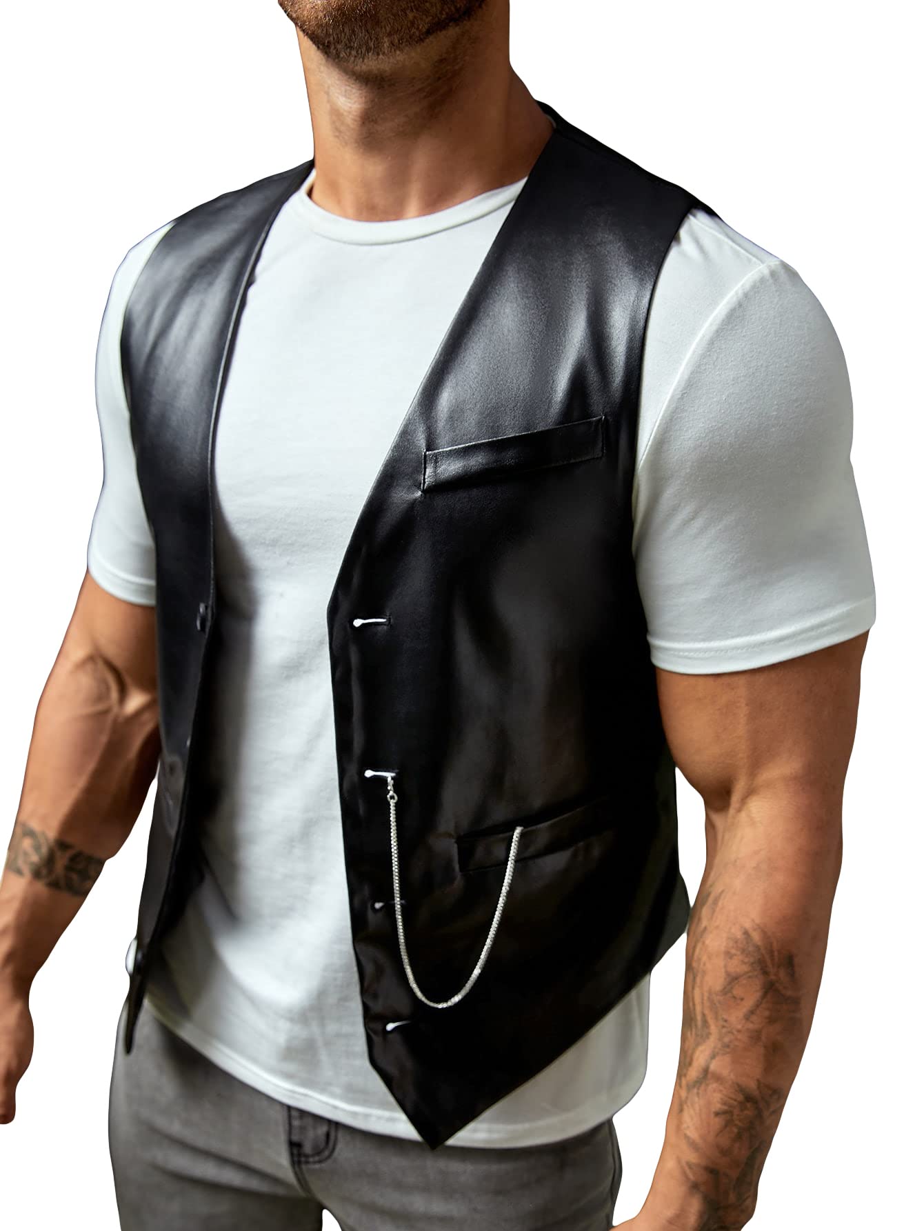 Verdusa Men's PU Leather Sleeveless Motorcycle Biker Vest Jacket Black L
