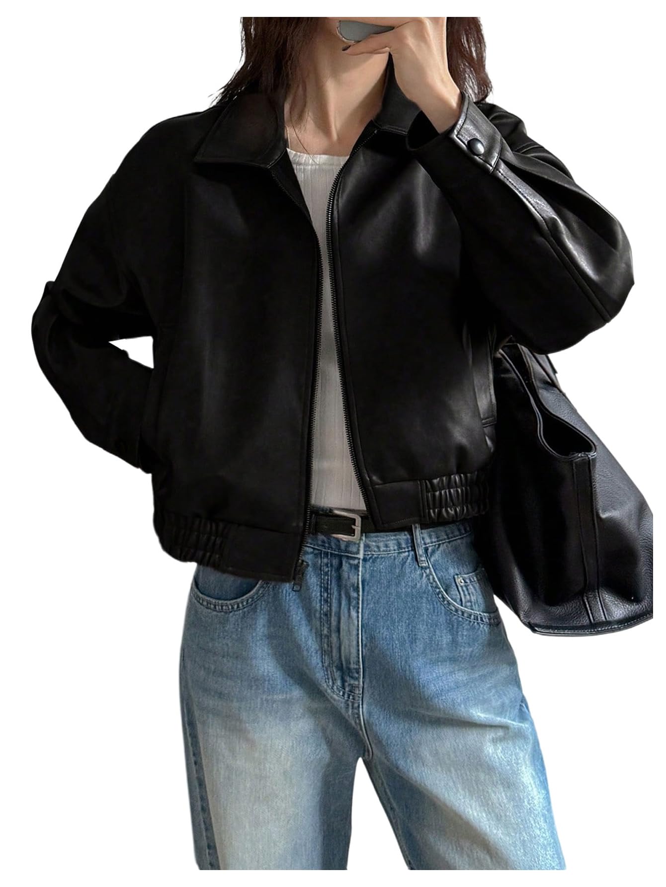 Milumia Women's Faux Leather Zip Up Jacket Vintage Collared Long Sleeve Motorcycle Jackets Black Small