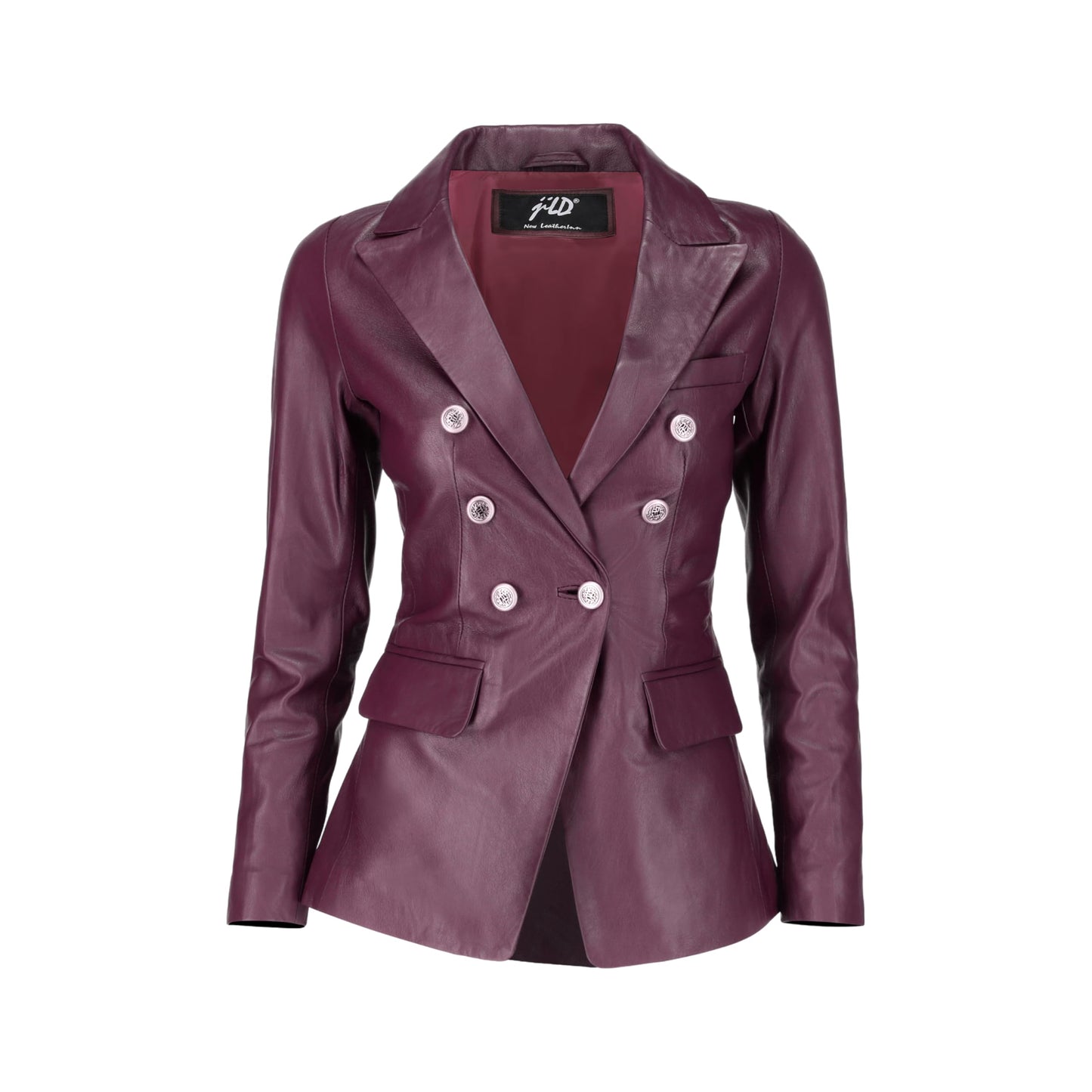 Jild Double Breasted Fancy Buttons Lambskin Leather Blazer Women - Kim Kardashian Long Sleeve Coat Style Leather Jacket Women (FC-Bur-L)
