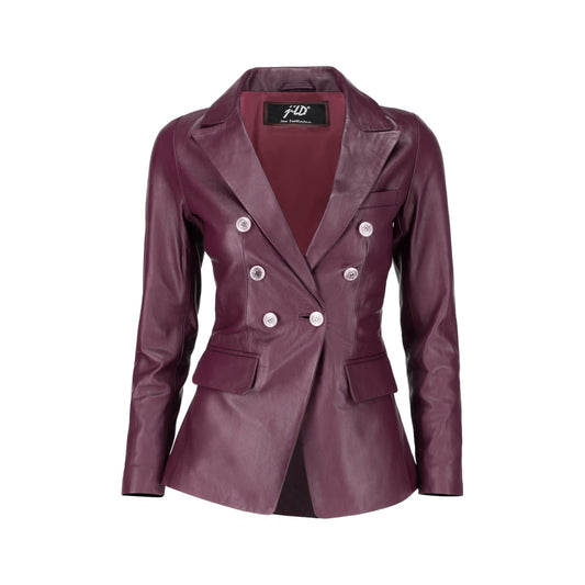 Jild Double Breasted Fancy Buttons Lambskin Leather Blazer Women - Kim Kardashian Long Sleeve Coat Style Leather Jacket Women (FC-Bur-L)