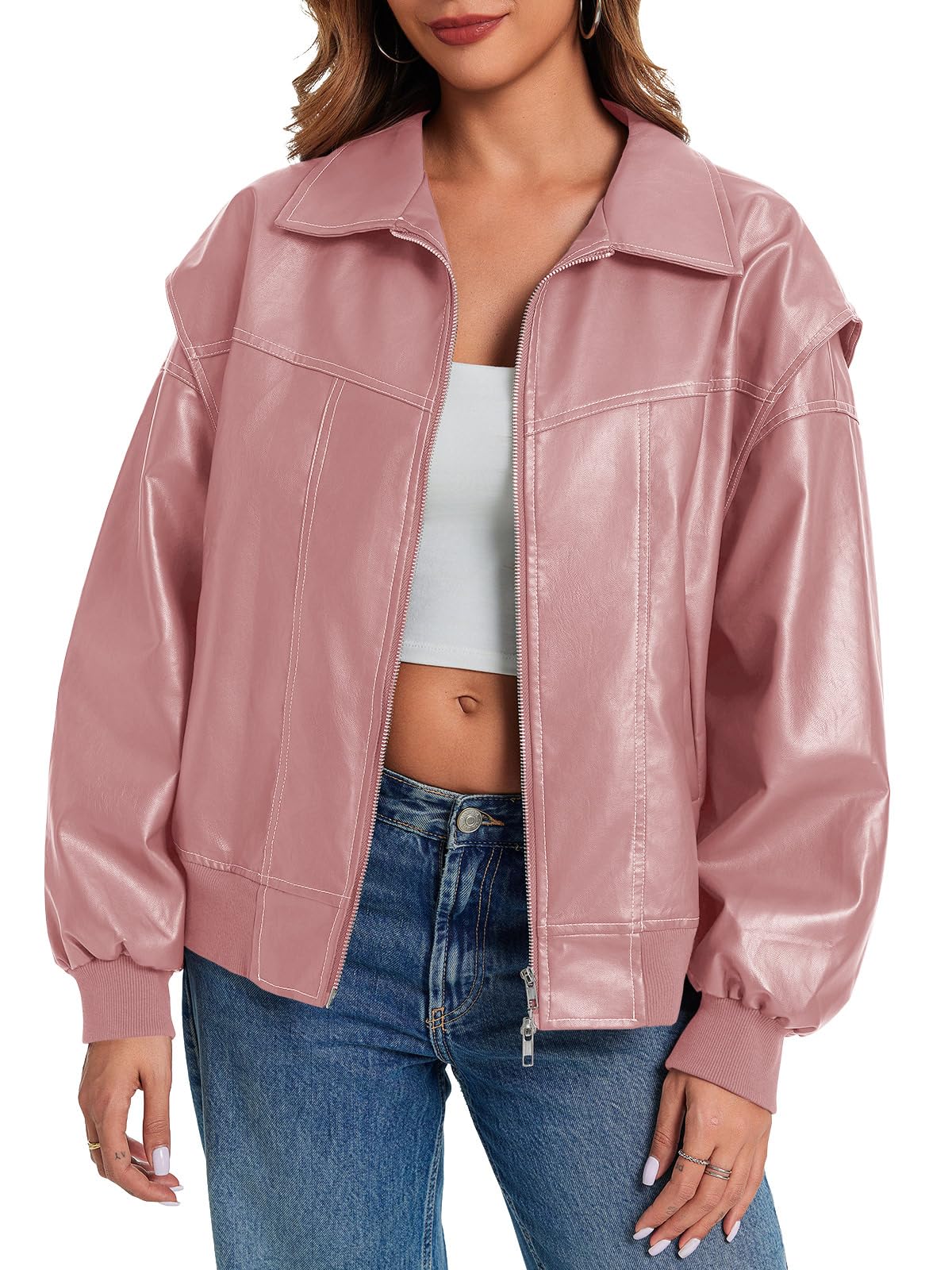 Tankaneo Womens Oversized Leather Bomber Jackets Zip Up Motorcycle Coats