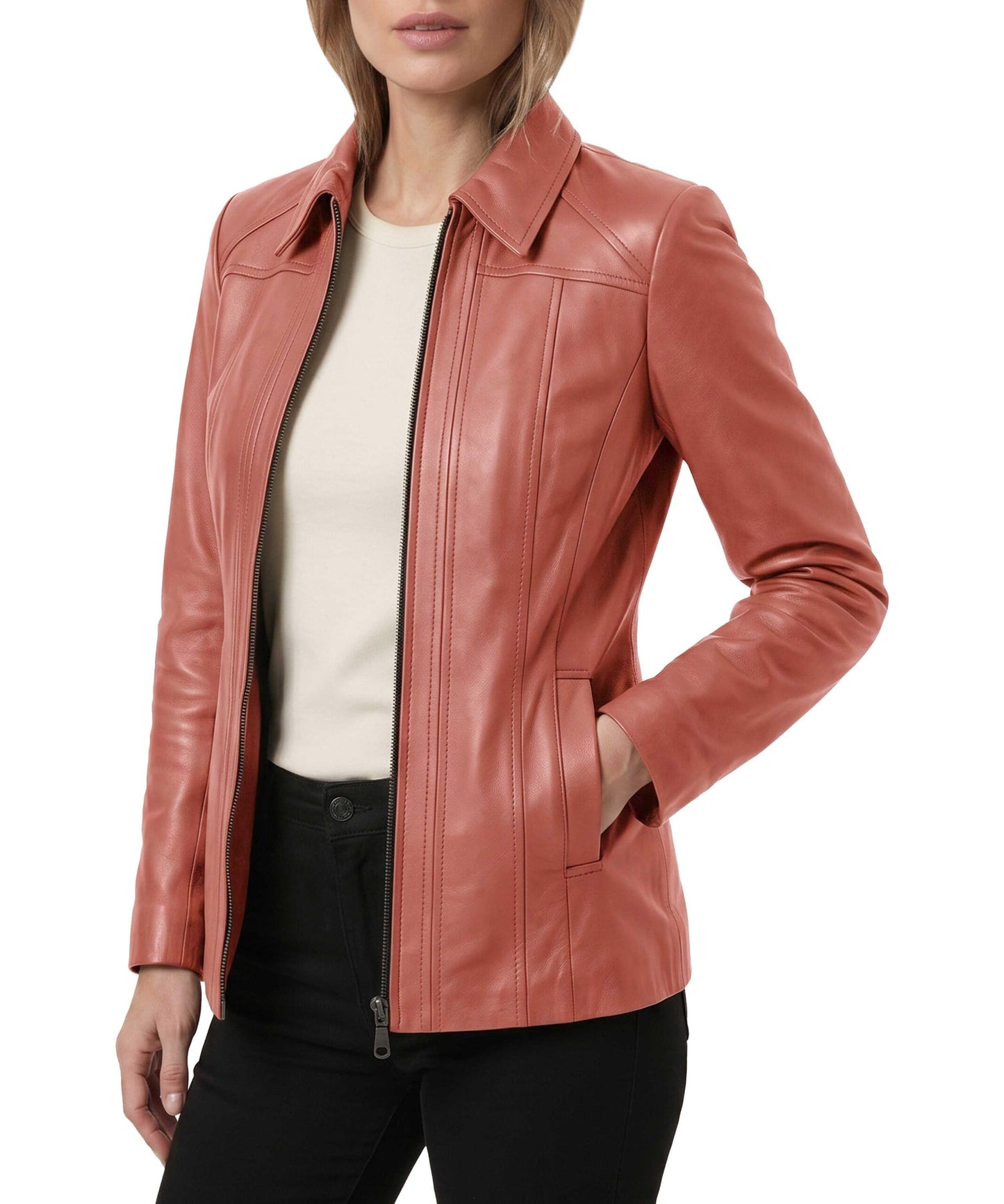TRENDS GENESIS Pink Leather Car Coat Women Genuine Lambskin Long Leather Jacket Classic Outerwear XL
