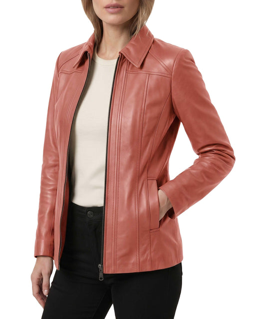 TRENDS GENESIS Pink Leather Car Coat Women Genuine Lambskin Long Leather Jacket Classic Outerwear XL