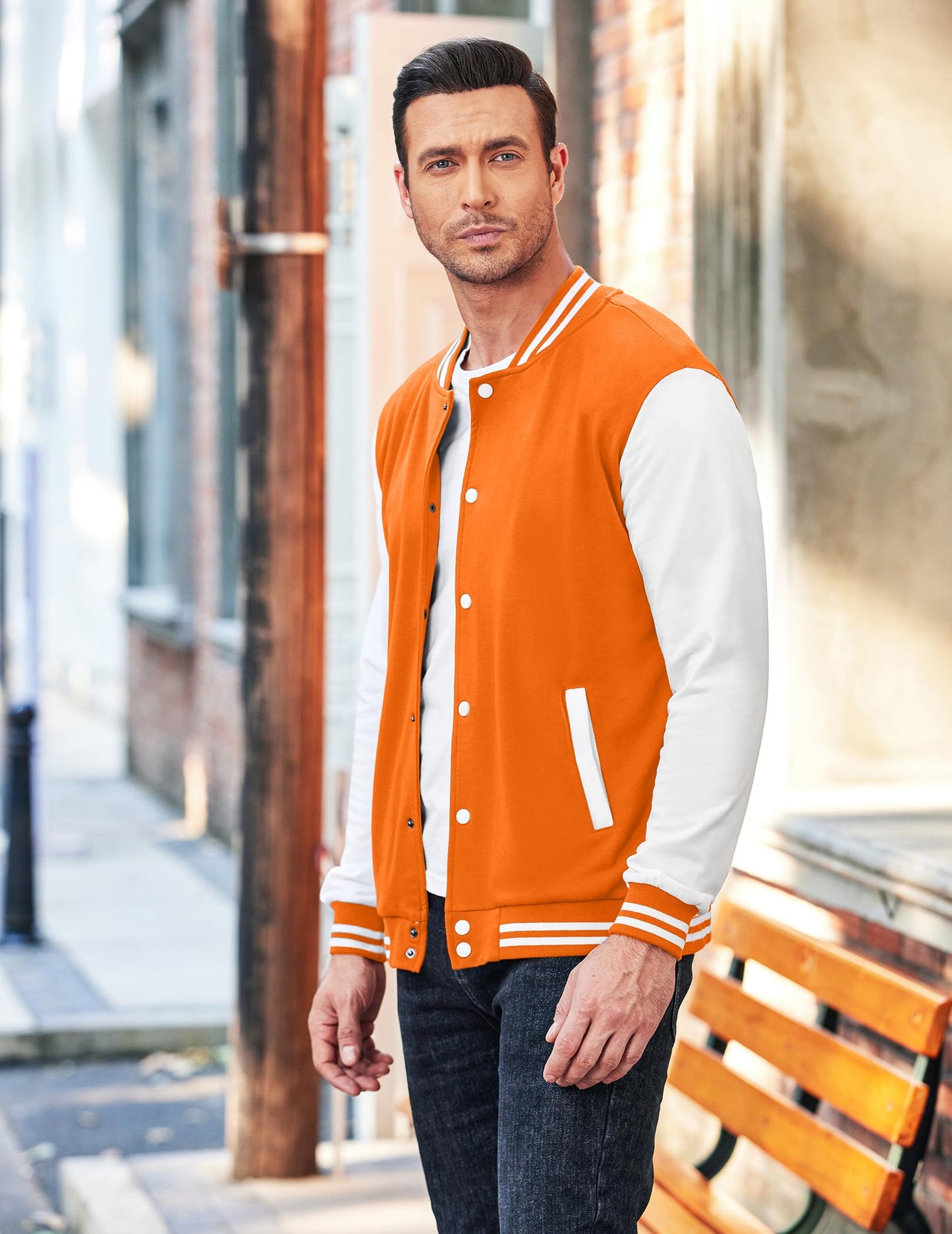 COOFANDY Men's Fashion Varsity Jacket Causal Slim Fit Cotton Letterman Baseball Bomber Jackets, Orange, Large
