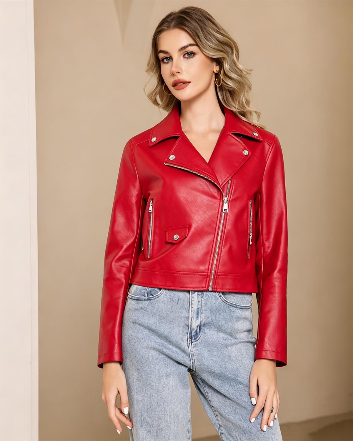 WYOYW Faux Leather Jacket Women Cropped Motorcycle Biker Outwear RD L