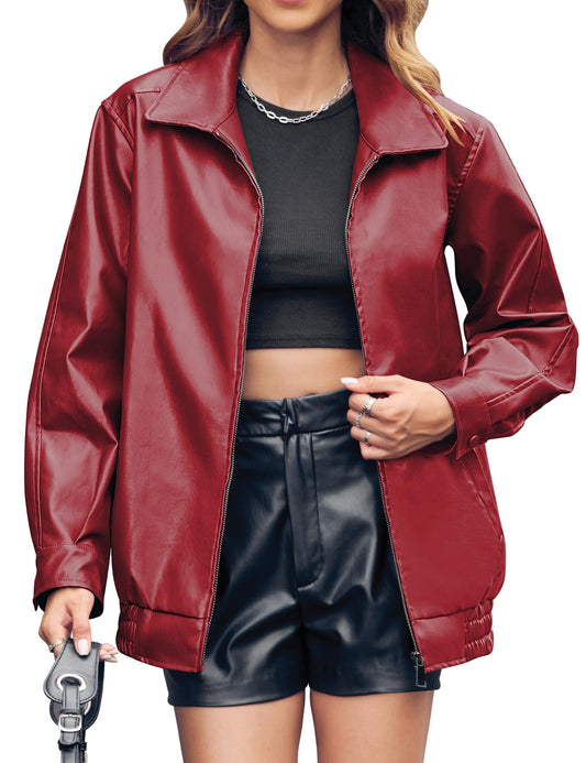 Miladusa Leather Blazer for Women Faux Motorcycle Plus Size Lapel Moto Biker Fall Winter Fashionable Coat Dark Red S