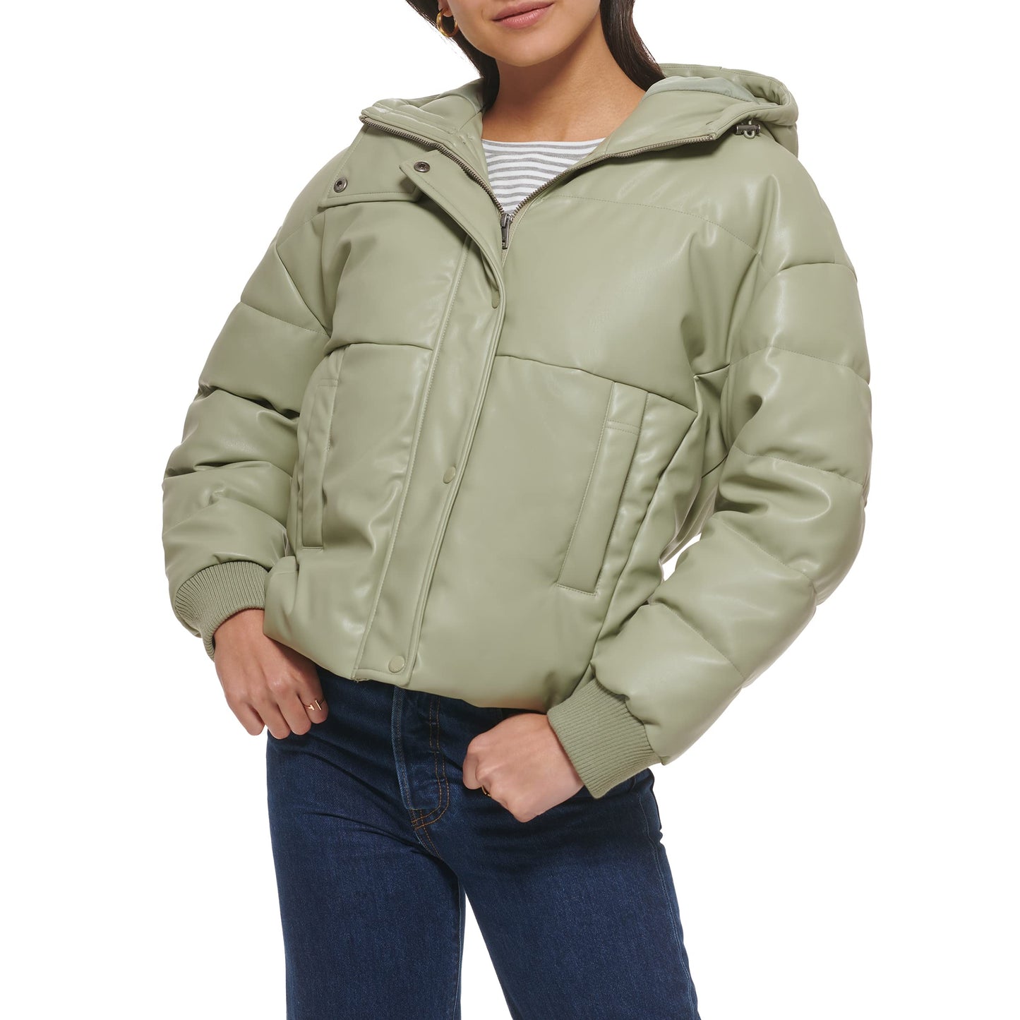Levi's Women's Cinch Waist Puffer Jacket, Sea Green Faux Leather With Hood, Small