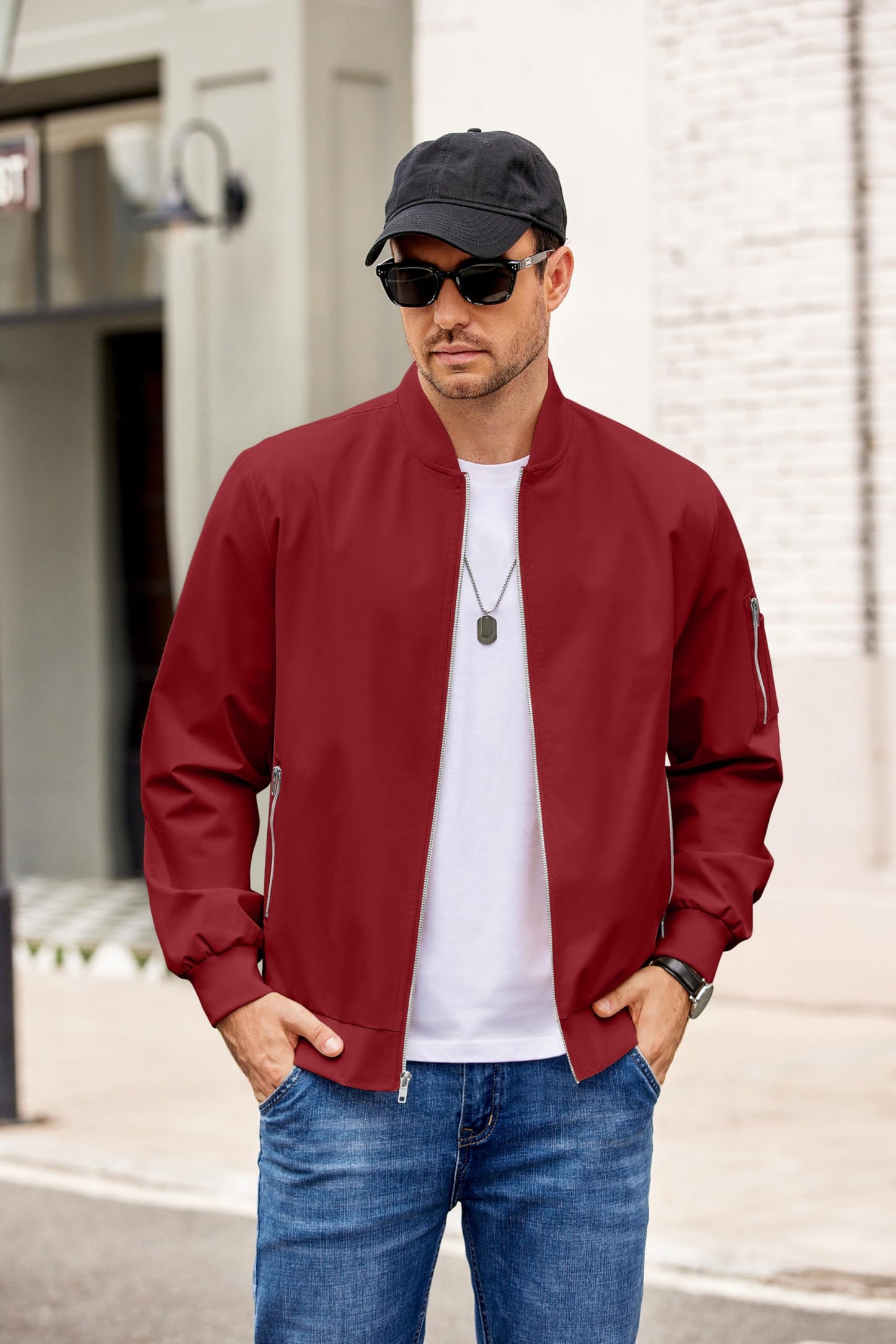 COOFANDY Bomber Jacket Lightweight Casual Windbreaker Red Spring Fall Zip Up Jackets Polyester Coat With Pocket L