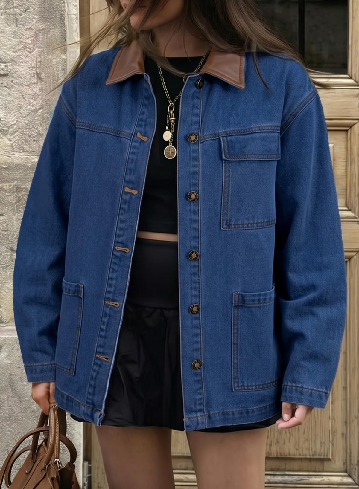 Sidefeel Denim Jacket for Women Long Sleeve Leather Neck Button Down Jean Jacket with Three Big Pockets Bluing Small