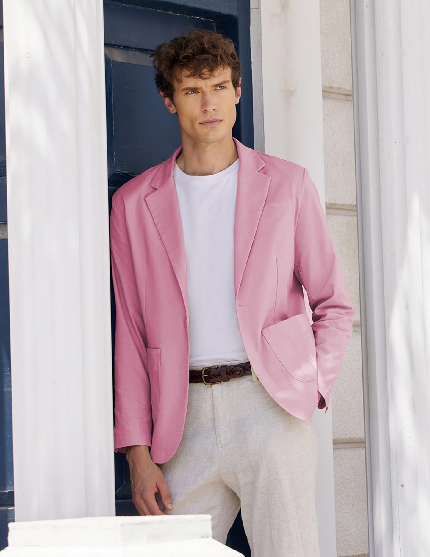 COOFANDY Men's Casual Linen Blazer Lightweight Regular Fit One Button Sport Coat Wedding Suit Jacket Pink
