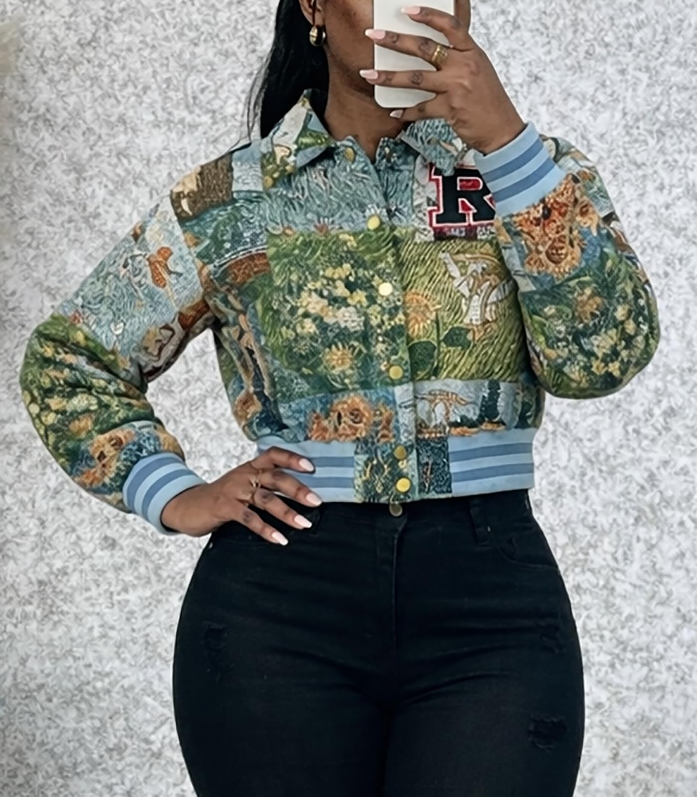 KANSOON Varsity Jacket Women Bomber Textured Floral Cropped Jackets Letterman Snap Buttons Long Sleeves Coats Green XXL