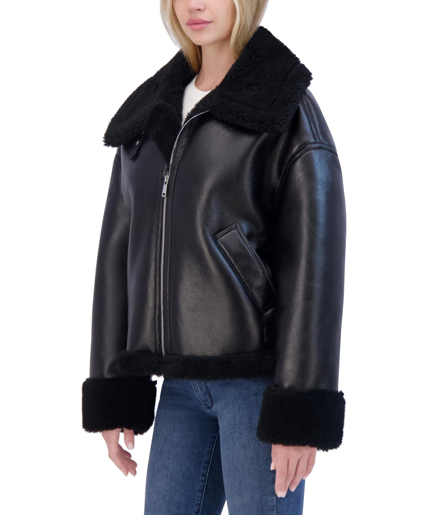 Laundry Women's Faux Shearling Leather Jacket, Black, X-Small