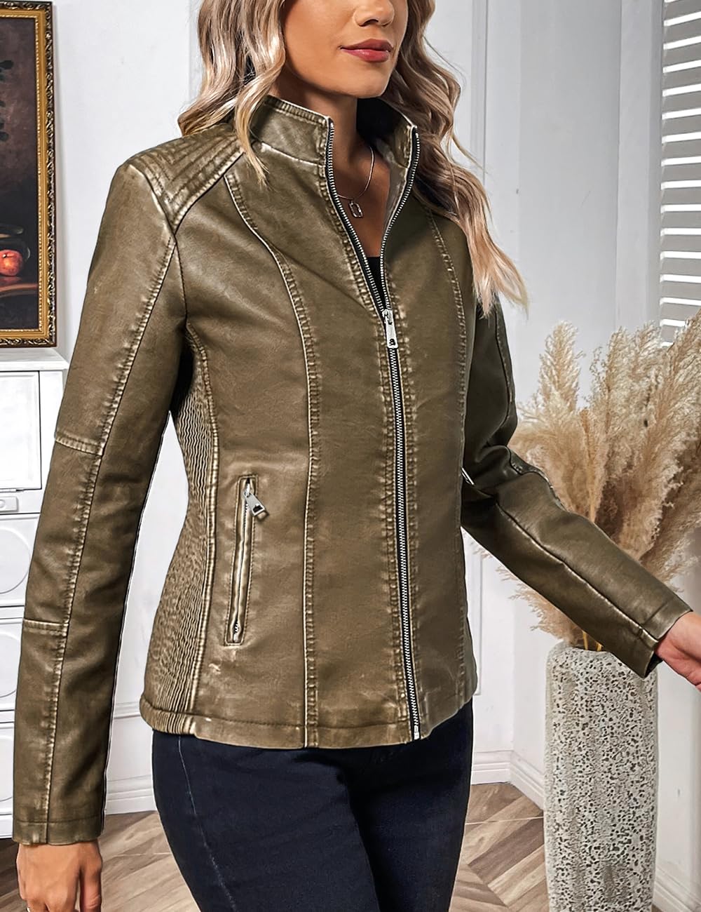 Bellivera Faux Leather Women Motorcycle Stand Collar Jacket D.Khaki XL