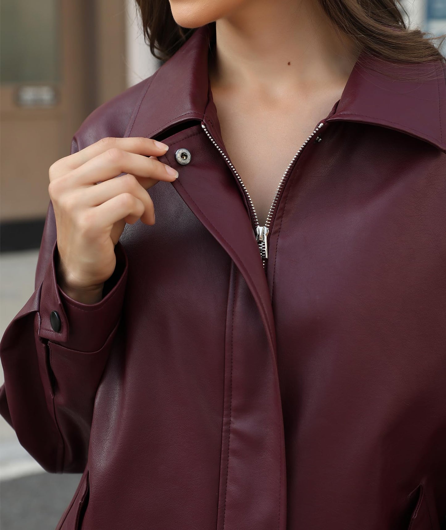 Casly Lamiit Faux Leather Jacket Women 2025 Trendy Motorcycle Oversized Coats Zip Up Bomber Jackets Casual Fashion Outfits Burgundy S