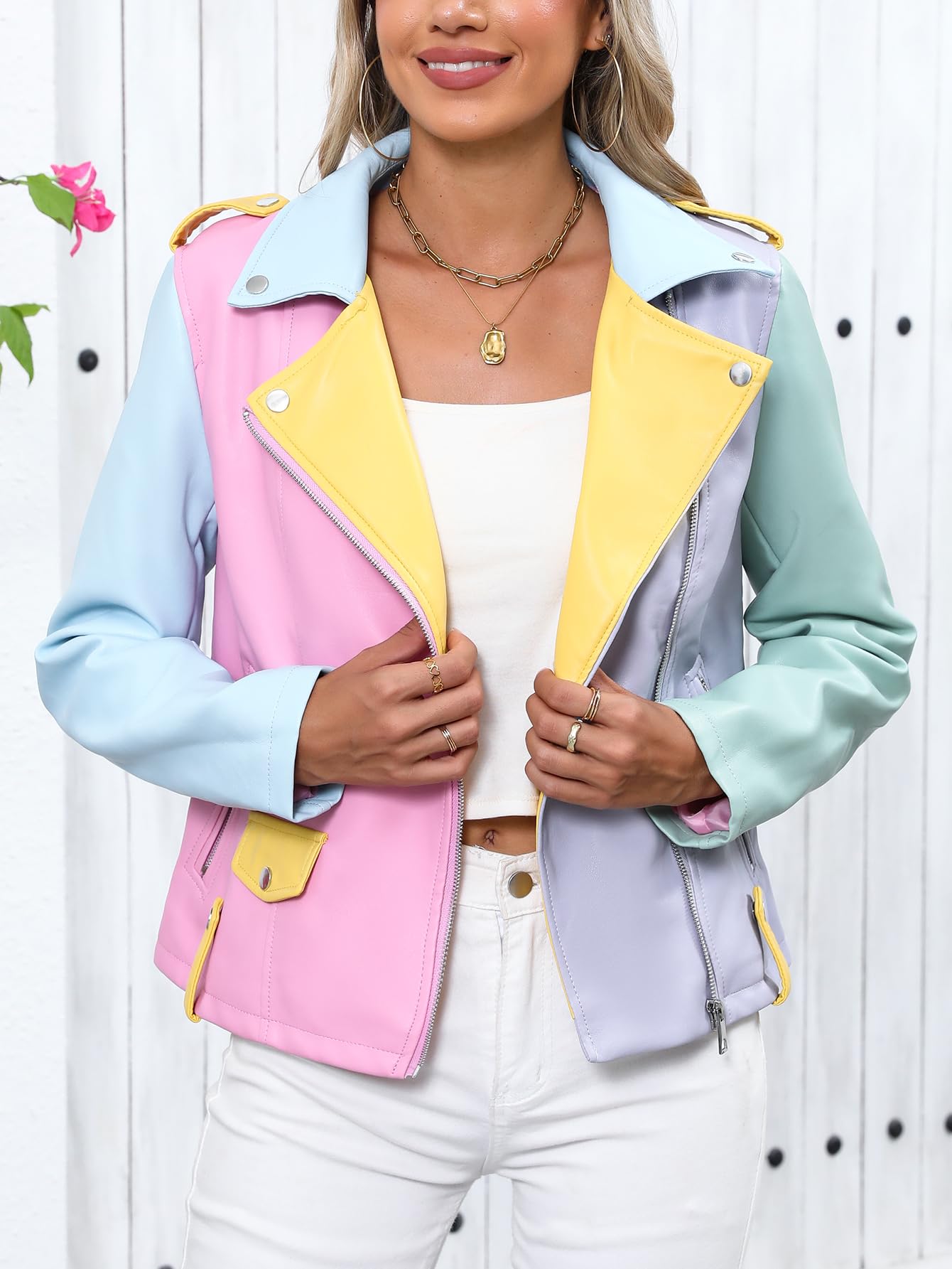 Bellivera Women's Faux Leather Casual Short Jacket Moto Fall Coat with Pockets R23002 Multicolor L