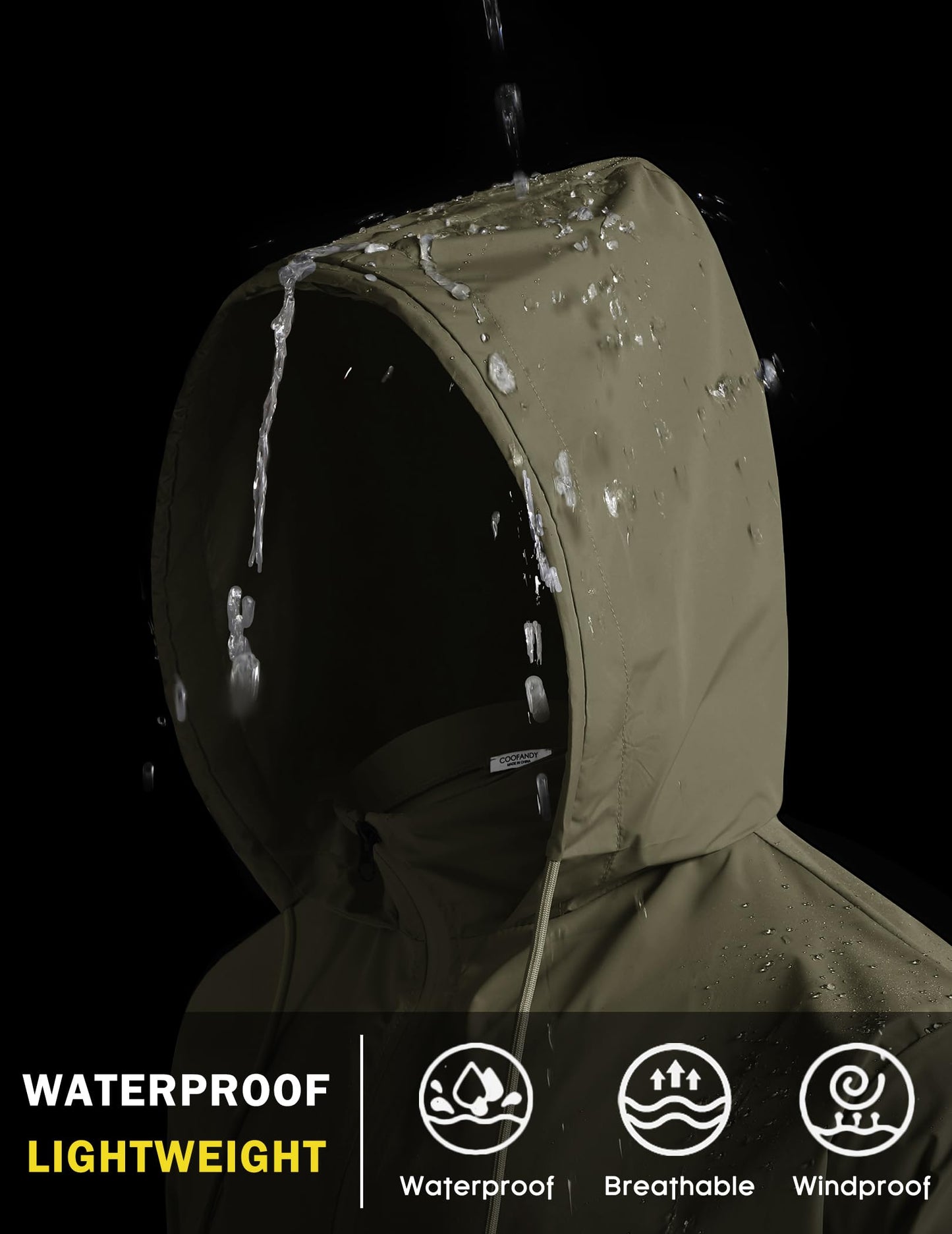COOFANDY Mens Packable Rain Jacket Lightweight Breathable Raincoat Polyester Waterproof Windbreaker Jacket Army Green Large