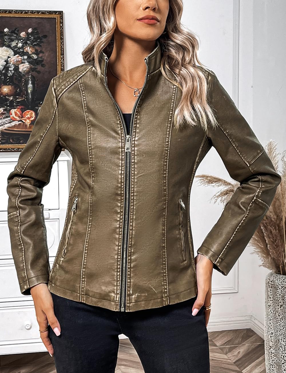 Bellivera Faux Leather Women Motorcycle Stand Collar Jacket D.Khaki XL