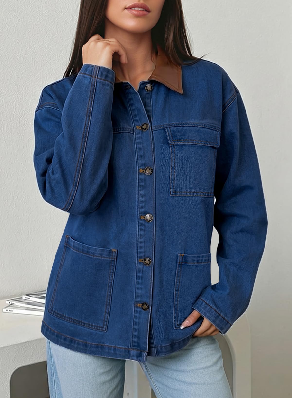 Sidefeel Denim Jacket for Women Long Sleeve Leather Neck Button Down Jean Jacket with Three Big Pockets Bluing Small
