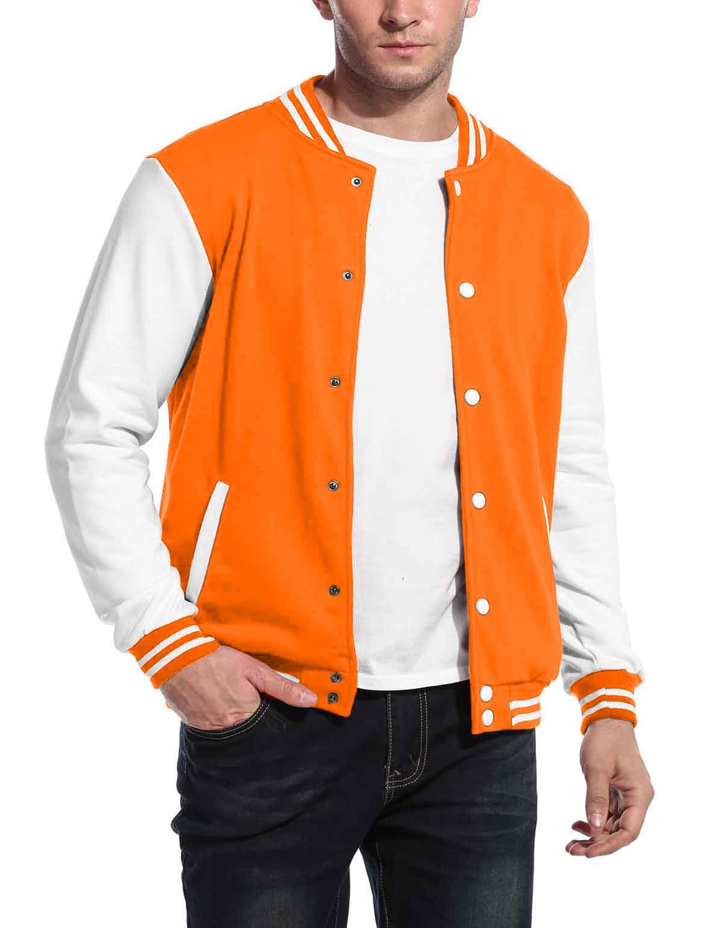 COOFANDY Men's Fashion Varsity Jacket Causal Slim Fit Cotton Letterman Baseball Bomber Jackets, Orange, Large