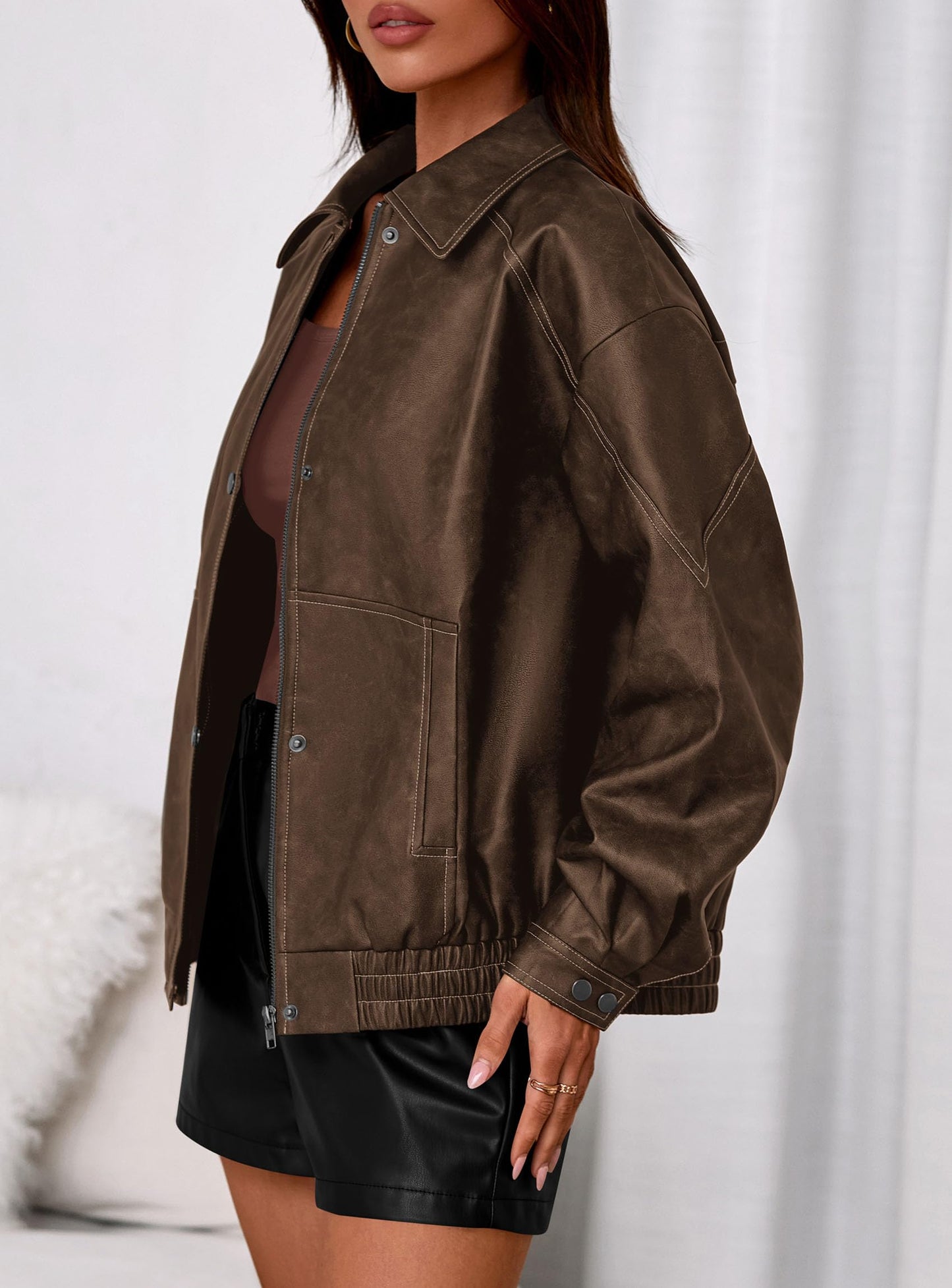 PRETTYGARDEN Faux Leather Jacket Women Bomber Motorcycle Zip Up Jackets Oversized Fall Fashion Outfits 2026 Winter Coats (Brown,Medium)
