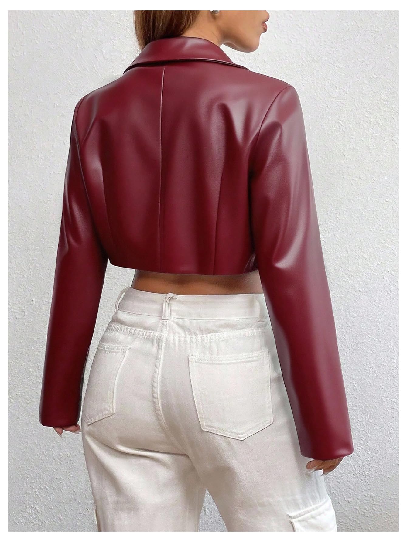 GORGLITTER Women's Cropped Faux Leather Jacket Y2k Long Sleeve Open Front Cardigan Bomber Moto Biker Jackets Rave Outfits Burgundy Small