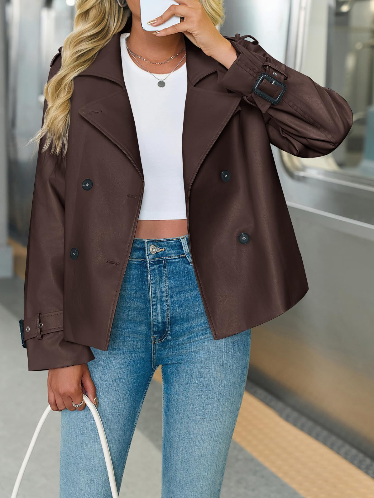 Yousify Womens Textured Faux Leather Jackets Oversized Button Down Motorcycle Clothes Casual Fall Trendy Coat Outerwear