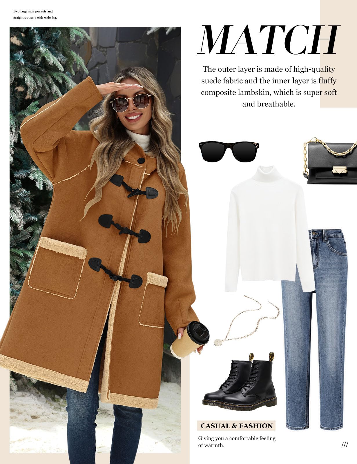 UMIPUBO Women Suede Sherpa Fleece Lined Duffle Faux Leather Coat Mid Length Hooded Toggle Jacket with Pockets, Winter Trendy Warm Outerwear(Dark Khaki,M)