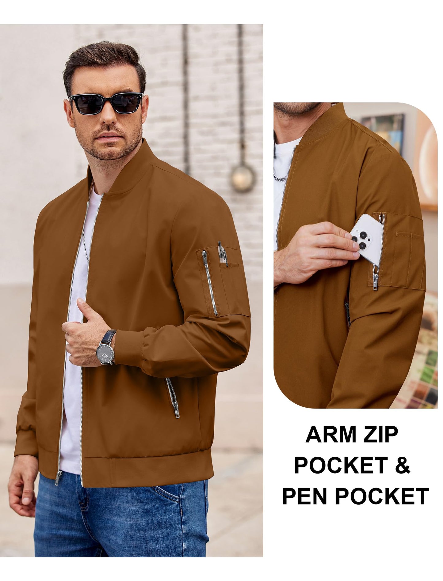 COOFANDY Windbreaker Jackets For Men Casua Stand Collar Bomber Jacket Brown Spring Fall Zip Up Light Coat Outerwear 3XL