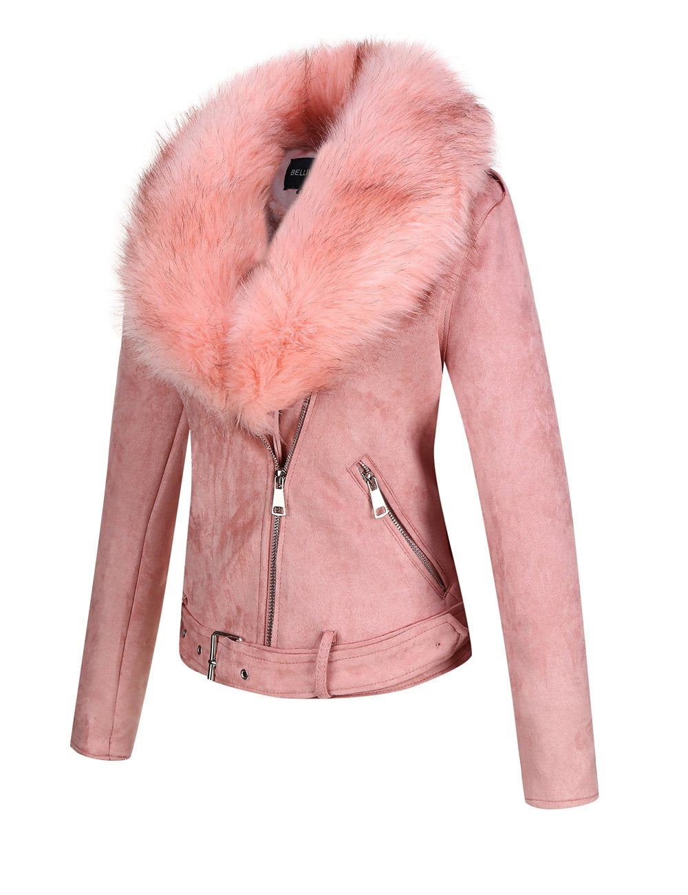 Bellivera Women's Faux Leather Suede Jacket Motocycle Sherpa-Lined Coat with Removable Fur Collar 8830 Pink S