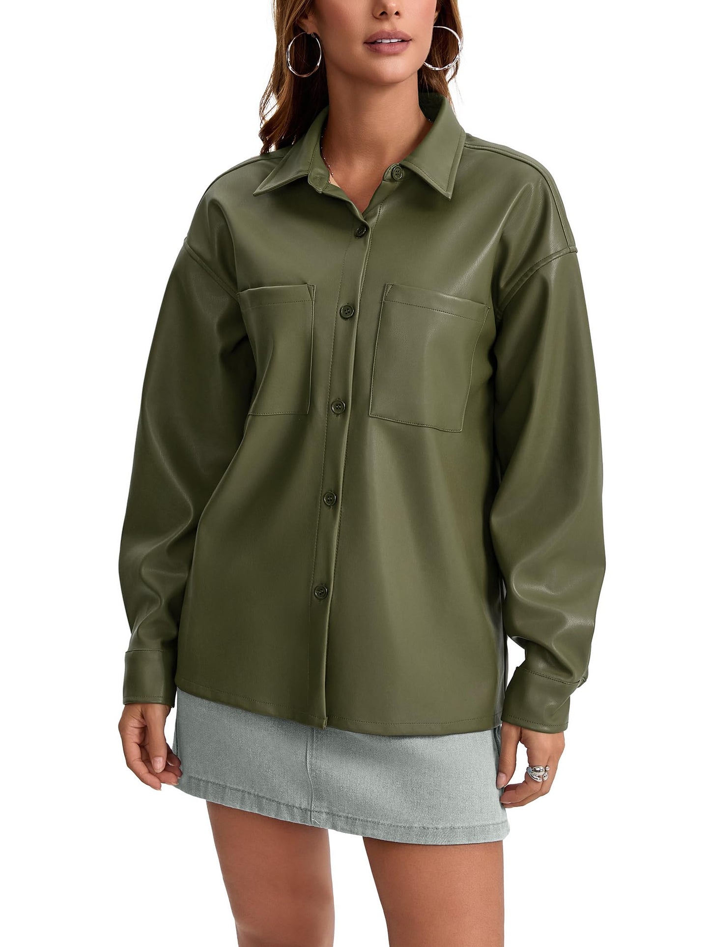 Haianguoji Women's Faux Leather Button-Down Shirt Jacket Lightweight Long Sleeve PU Blouse Shacket Tops (Green, M)