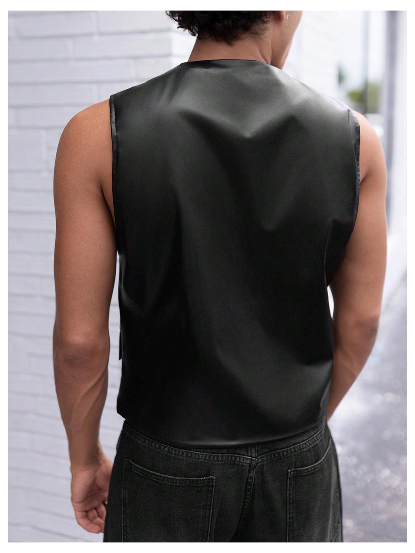 GORGLITTER Men's Leather Vest Casual Button Down Western Cowboy Cropped Vests V Neck Going Out Jacket Black Medium