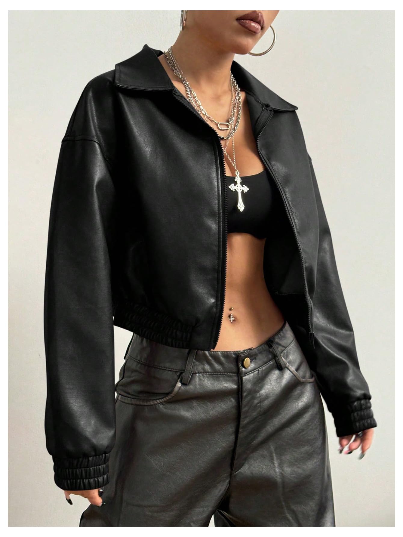 BEAUDRM Women's Y2K Faux PU Leather Jacket Crop Zip Up Motorcycle Coat Long Sleeve Drop Shoulder Motor Bike Jacket Streetwear Black Solid Large