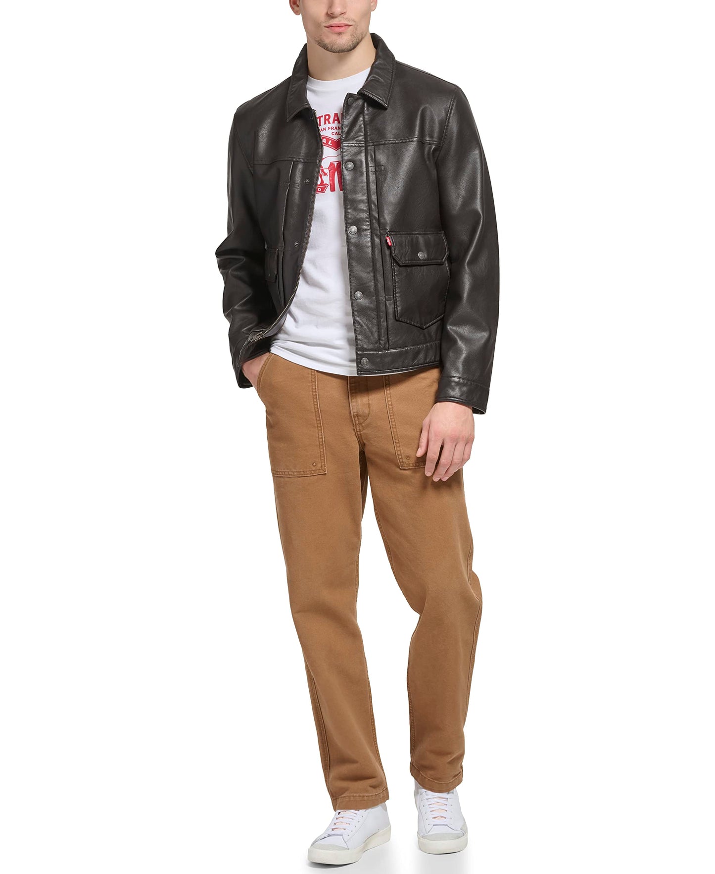 Levi's Men's Lightweight Trucker Shirt Jacket, Dark Brown Faux Leather, X-Large